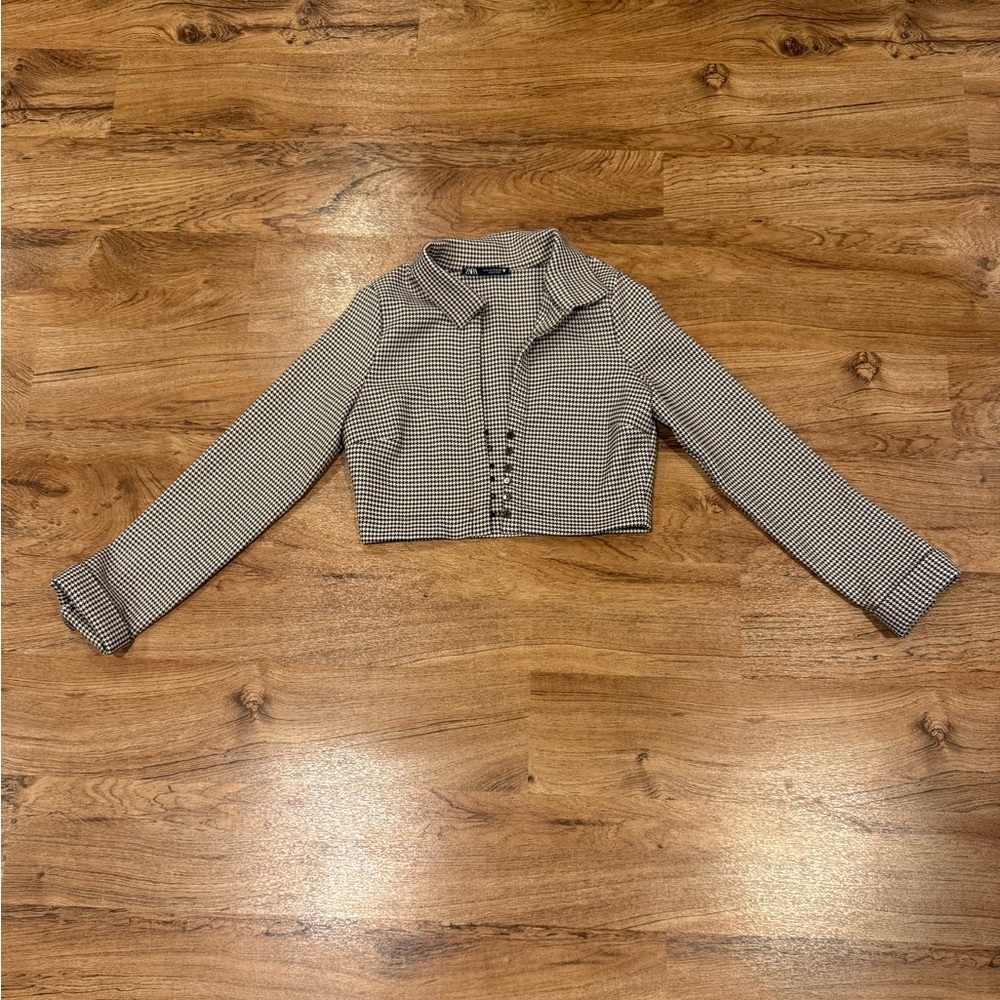 Zara Black and Cream Houndstooth Cropped Jacket/Blazer, Women's Sz. Med
